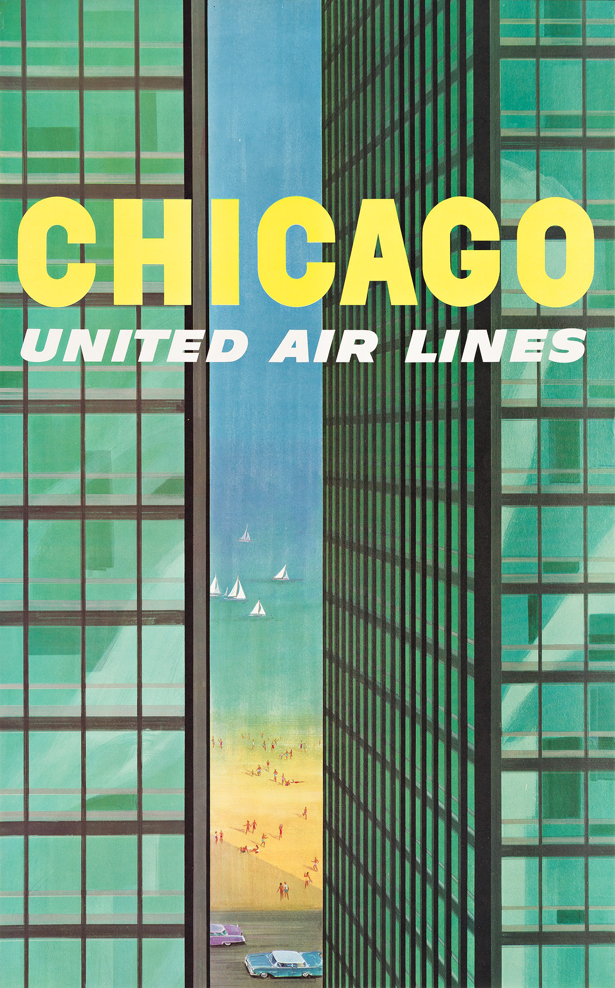STANLEY WALTER GALLI (1912-2009).  CHICAGO / UNITED AIR LINES. Circa 1955. 40x25 inches, 101½x63½ cm.